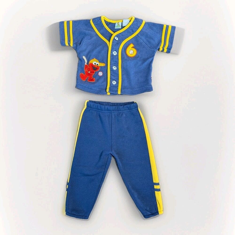 Vintage Y2K Sesame Street Elmo Baseball 2 Piece Outfit Short Sleeve/Pants 12m